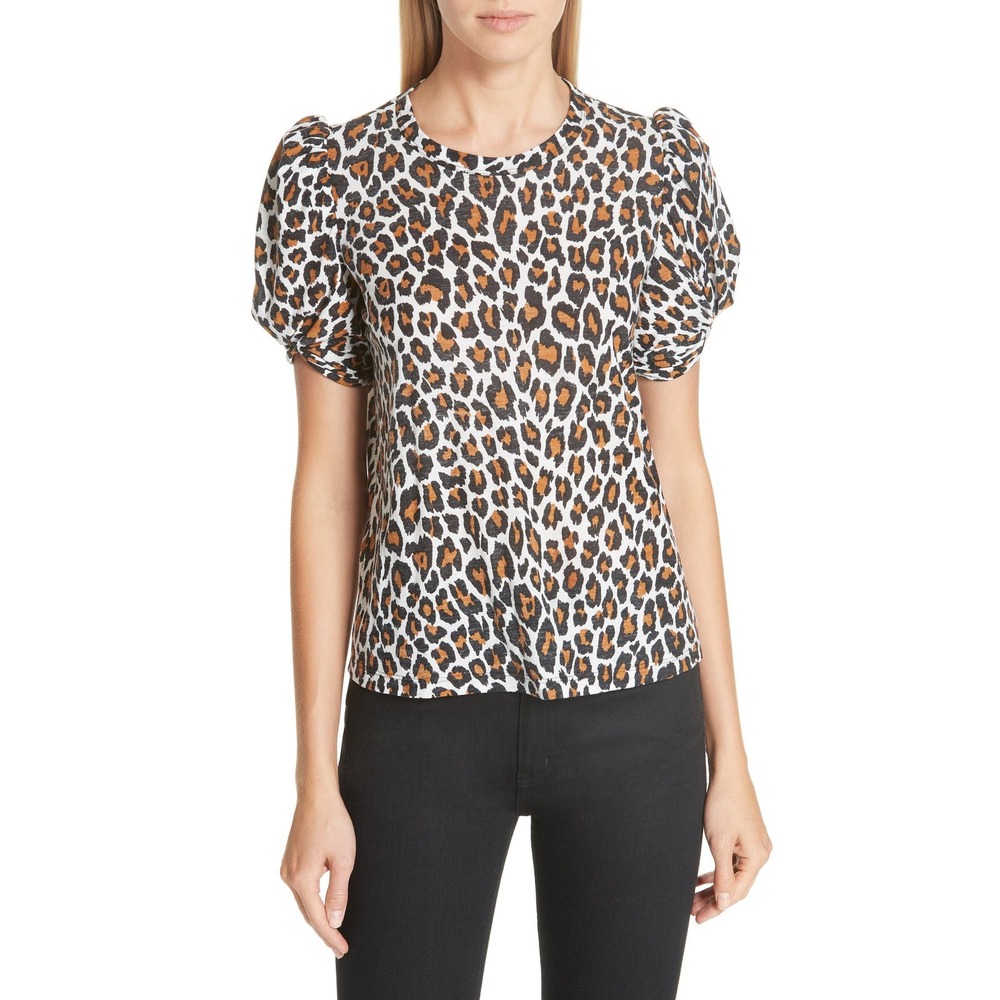 ALC Kati Leopard Print Puff Twist Sleeve Cotton Top Brown Black White Sz Small